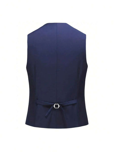 3-delige herenpakset met lange mouwen, effenkleurig jasje, mouwloos topje met knoopjes aan de voorkant en broek.