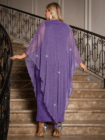 Gownix Plus Size Elegante Chiffon Jurk Lange Cape Overlay Bruiloftsgast Formele Cocktail Moeder Van Bruid Outfit