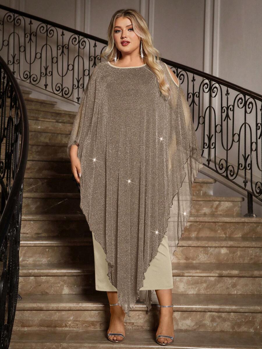 Gownix Plus Size Elegante Chiffon Jurk Lange Cape Overlay Bruiloftsgast Formele Cocktail Moeder Van Bruid Outfit