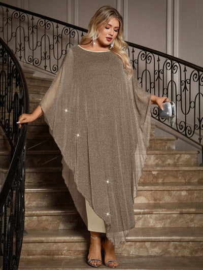 Gownix Plus Size Elegante Chiffon Jurk Lange Cape Overlay Bruiloftsgast Formele Cocktail Moeder Van Bruid Outfit