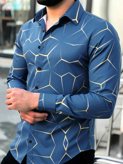 Manfinity Homme Heren Lente Geometrisch Print Casual Lange Mouw Overhemd Slim Fit Knoop Zwart Overhemd Voor Echtgenoot, Geometrische Print Heren, Heren Luxe Overhemd, Zwart Geometrisch Overhemd, Voor De Herfst