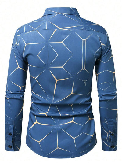 Manfinity Homme Heren Lente Geometrisch Print Casual Lange Mouw Overhemd Slim Fit Knoop Zwart Overhemd Voor Echtgenoot, Geometrische Print Heren, Heren Luxe Overhemd, Zwart Geometrisch Overhemd, Voor De Herfst