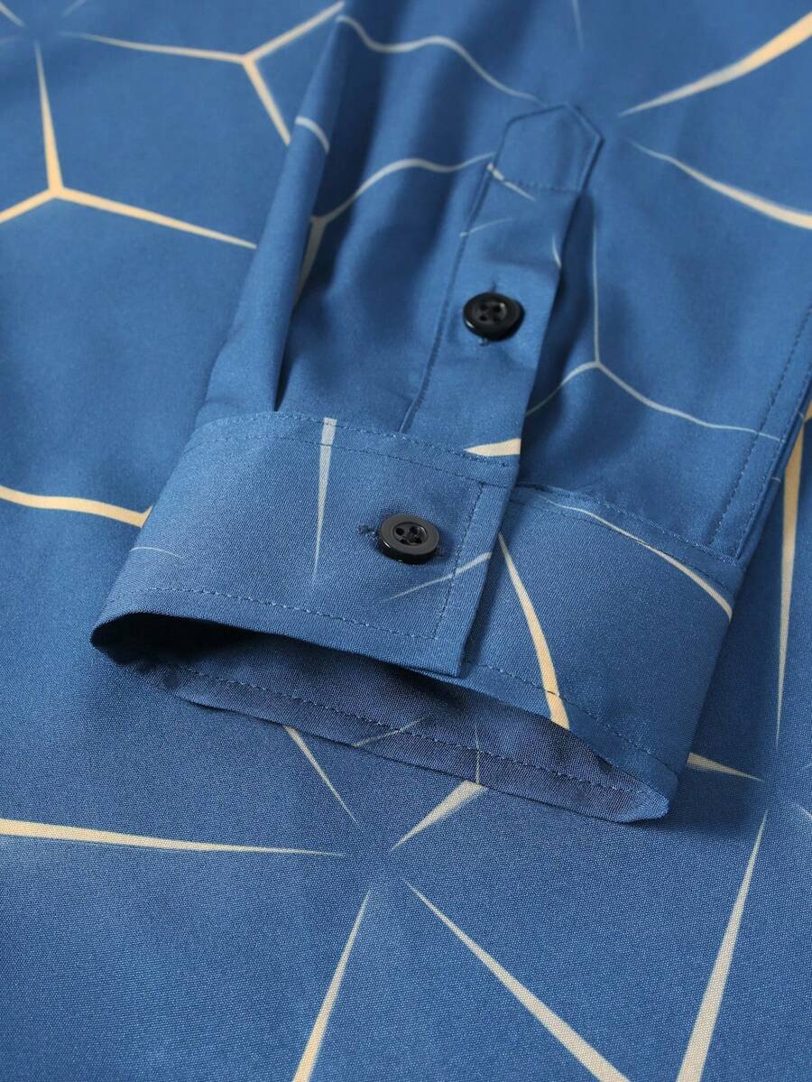 Manfinity Homme Heren Lente Geometrisch Print Casual Lange Mouw Overhemd Slim Fit Knoop Zwart Overhemd Voor Echtgenoot, Geometrische Print Heren, Heren Luxe Overhemd, Zwart Geometrisch Overhemd, Voor De Herfst