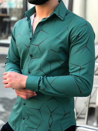 Manfinity Homme Heren Lente Geometrisch Print Casual Lange Mouw Overhemd Slim Fit Knoop Zwart Overhemd Voor Echtgenoot, Geometrische Print Heren, Heren Luxe Overhemd, Zwart Geometrisch Overhemd, Voor De Herfst