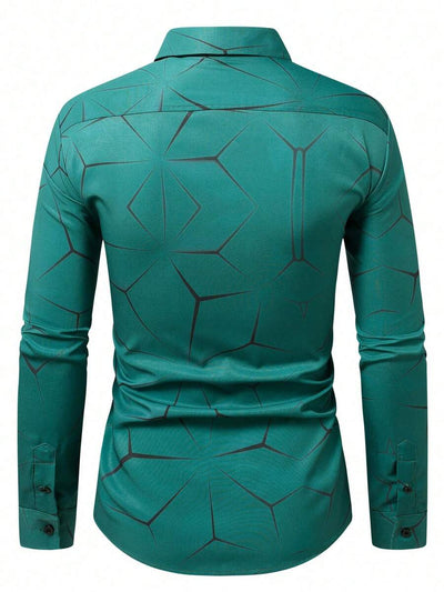 Manfinity Homme Heren Lente Geometrisch Print Casual Lange Mouw Overhemd Slim Fit Knoop Zwart Overhemd Voor Echtgenoot, Geometrische Print Heren, Heren Luxe Overhemd, Zwart Geometrisch Overhemd, Voor De Herfst