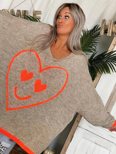 Plus Size Dames Hart & Gezicht V-hals Vleermuismouwen Lange Mouw Losse Trui, Herfst/Winter