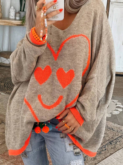 Plus Size Dames Hart & Gezicht V-hals Vleermuismouwen Lange Mouw Losse Trui, Herfst/Winter