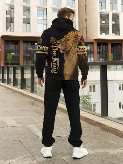 Fierce Lion Print Heren Lange Mouw Trainingspak Set, Veelzijdig Voor Training, Fitness, Entertainment "The King" Letter Print Heren Pullover Hoodie Sweatshirt Set, Geschikt Voor Lente En Herfst