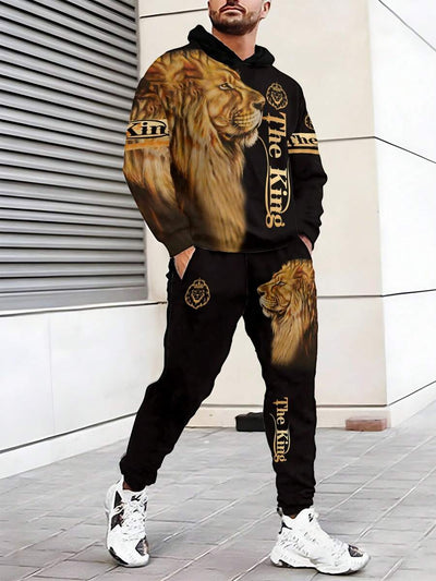 Fierce Lion Print Heren Lange Mouw Trainingspak Set, Veelzijdig Voor Training, Fitness, Entertainment "The King" Letter Print Heren Pullover Hoodie Sweatshirt Set, Geschikt Voor Lente En Herfst