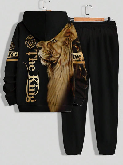 Fierce Lion Print Heren Lange Mouw Trainingspak Set, Veelzijdig Voor Training, Fitness, Entertainment "The King" Letter Print Heren Pullover Hoodie Sweatshirt Set, Geschikt Voor Lente En Herfst