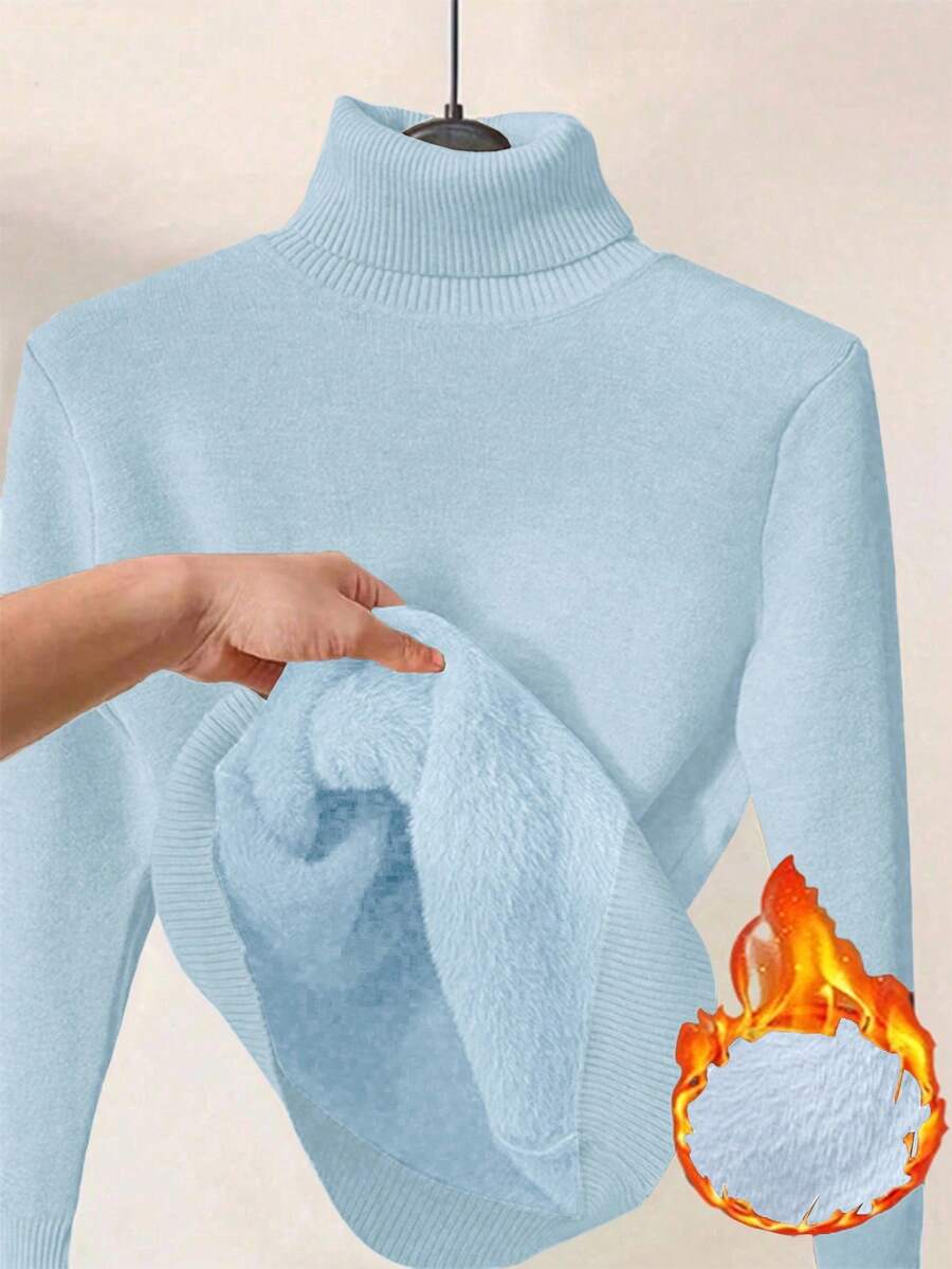 Franclia Dames Hoge Hals Effen Kleur Lange Mouw Casual Trui Met Thermische Voering, Herfst/Winter, Lange Mouw Tops