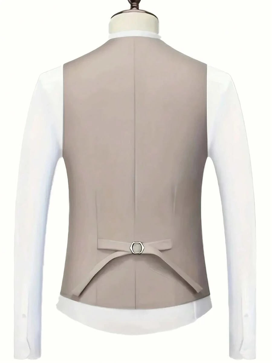 3-delige herenpakset met lange mouwen, effenkleurig jasje, mouwloos topje met knoopjes aan de voorkant en broek.