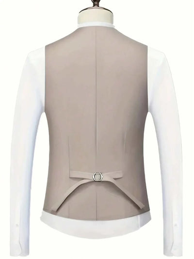 3-delige herenpakset met lange mouwen, effenkleurig jasje, mouwloos topje met knoopjes aan de voorkant en broek.
