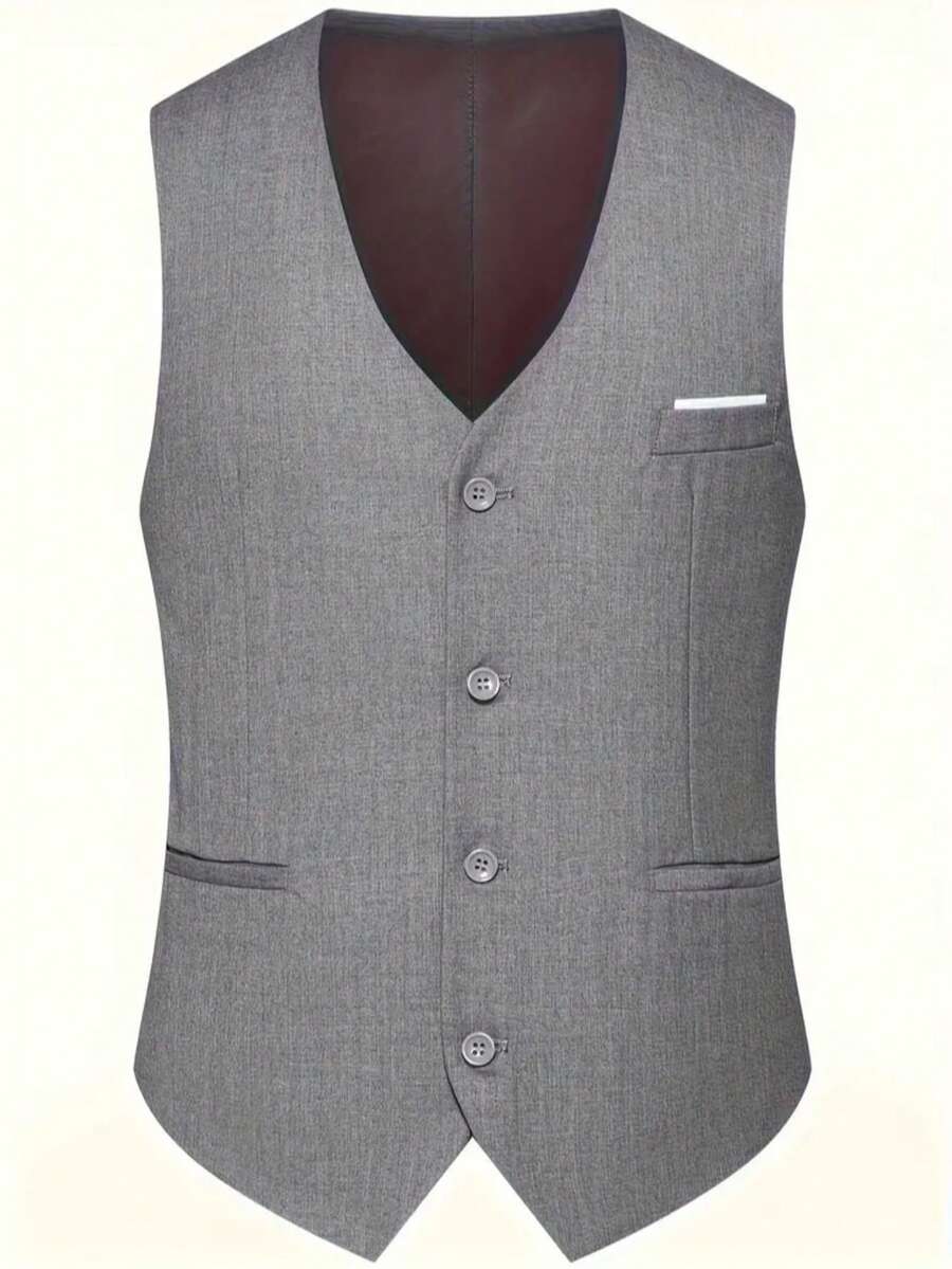 3-delige herenpakset met lange mouwen, effenkleurig jasje, mouwloos topje met knoopjes aan de voorkant en broek.