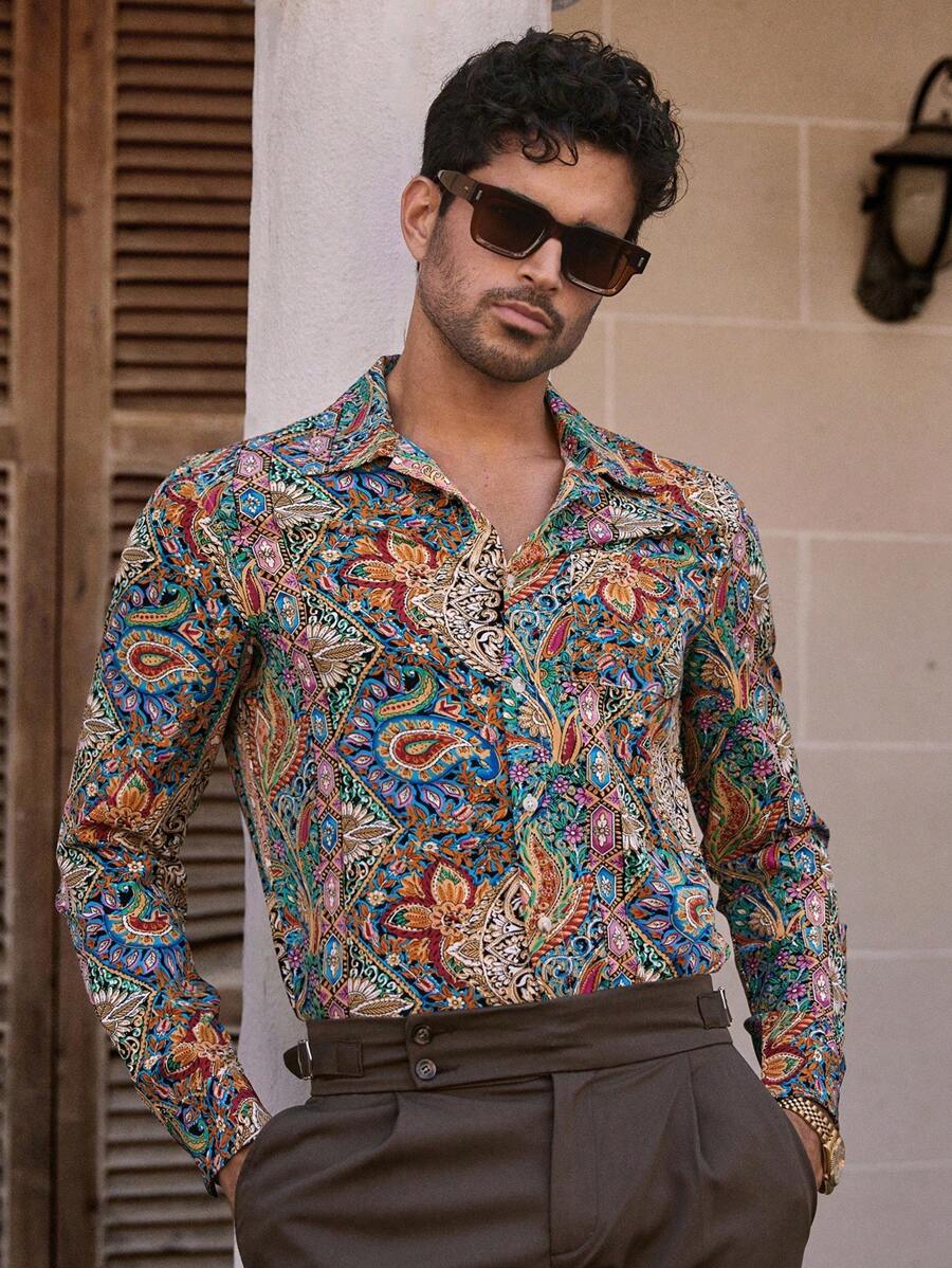 HIMLAND Heren luipaardprint overhemd met knoopsluiting, lange mouwen en casual look, voor de herfst