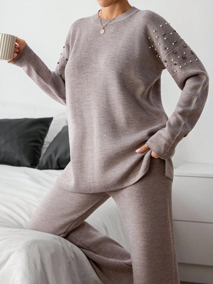 Dames effen kleur pareldetail ronde hals drop shoulder pullover & sweater broek set