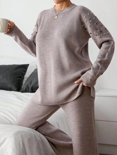 Dames effen kleur pareldetail ronde hals drop shoulder pullover & sweater broek set