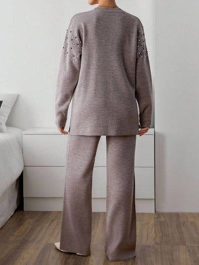 Dames effen kleur pareldetail ronde hals drop shoulder pullover & sweater broek set