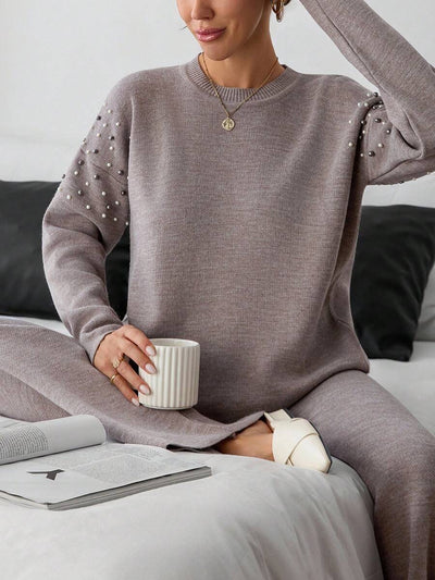 Dames effen kleur pareldetail ronde hals drop shoulder pullover & sweater broek set