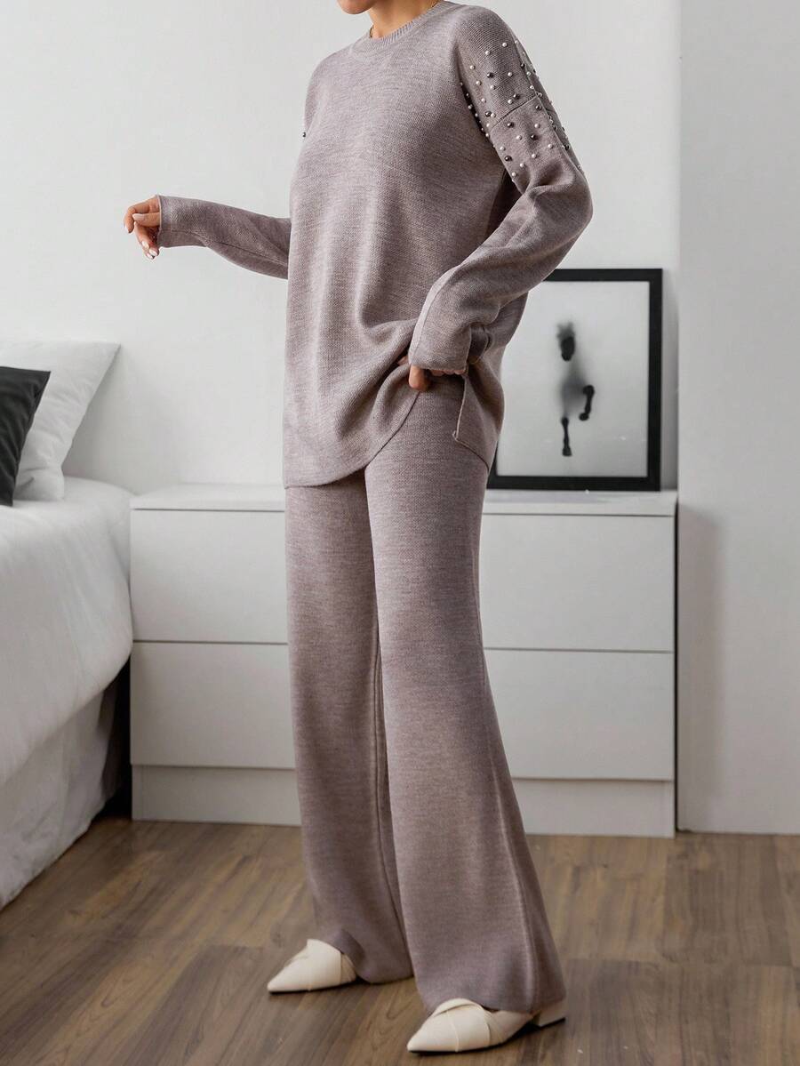 Dames effen kleur pareldetail ronde hals drop shoulder pullover & sweater broek set