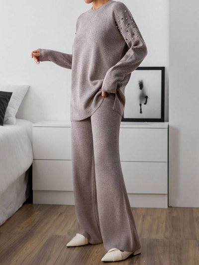 Dames effen kleur pareldetail ronde hals drop shoulder pullover & sweater broek set