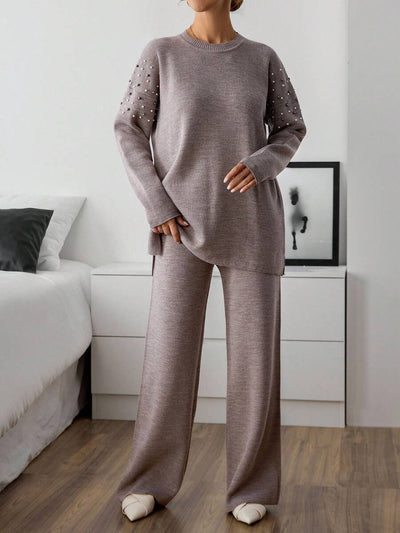 Dames effen kleur pareldetail ronde hals drop shoulder pullover & sweater broek set