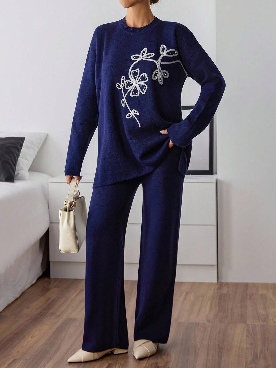 Dames effen kleur pareldetail ronde hals drop shoulder pullover & sweater broek set