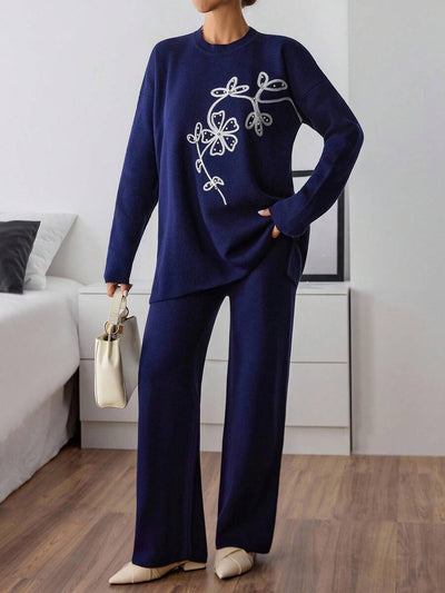 Dames effen kleur pareldetail ronde hals drop shoulder pullover & sweater broek set