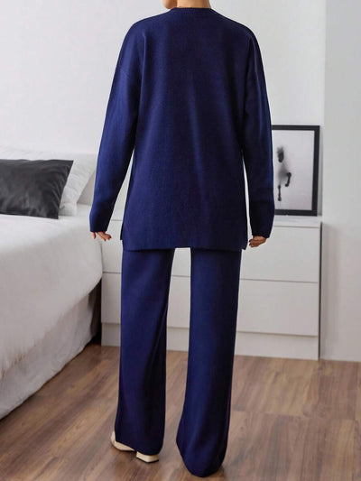 Dames effen kleur pareldetail ronde hals drop shoulder pullover & sweater broek set