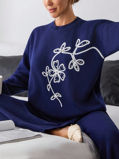 Dames effen kleur pareldetail ronde hals drop shoulder pullover & sweater broek set