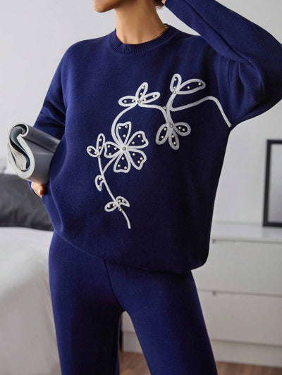 Dames effen kleur pareldetail ronde hals drop shoulder pullover & sweater broek set
