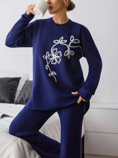 Dames effen kleur pareldetail ronde hals drop shoulder pullover & sweater broek set