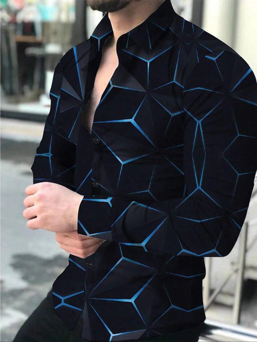 Manfinity Homme Heren Lente Geometrisch Print Casual Lange Mouw Overhemd Slim Fit Knoop Zwart Overhemd Voor Echtgenoot, Geometrische Print Heren, Heren Luxe Overhemd, Zwart Geometrisch Overhemd, Voor De Herfst