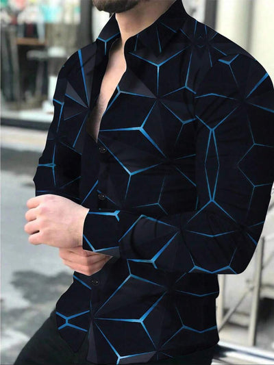 Manfinity Homme Heren Lente Geometrisch Print Casual Lange Mouw Overhemd Slim Fit Knoop Zwart Overhemd Voor Echtgenoot, Geometrische Print Heren, Heren Luxe Overhemd, Zwart Geometrisch Overhemd, Voor De Herfst