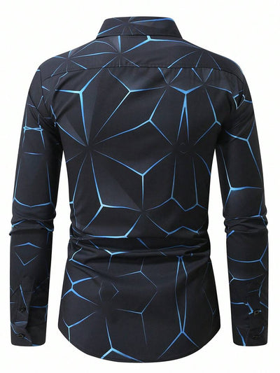 Manfinity Homme Heren Lente Geometrisch Print Casual Lange Mouw Overhemd Slim Fit Knoop Zwart Overhemd Voor Echtgenoot, Geometrische Print Heren, Heren Luxe Overhemd, Zwart Geometrisch Overhemd, Voor De Herfst