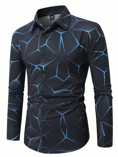Manfinity Homme Heren Lente Geometrisch Print Casual Lange Mouw Overhemd Slim Fit Knoop Zwart Overhemd Voor Echtgenoot, Geometrische Print Heren, Heren Luxe Overhemd, Zwart Geometrisch Overhemd, Voor De Herfst