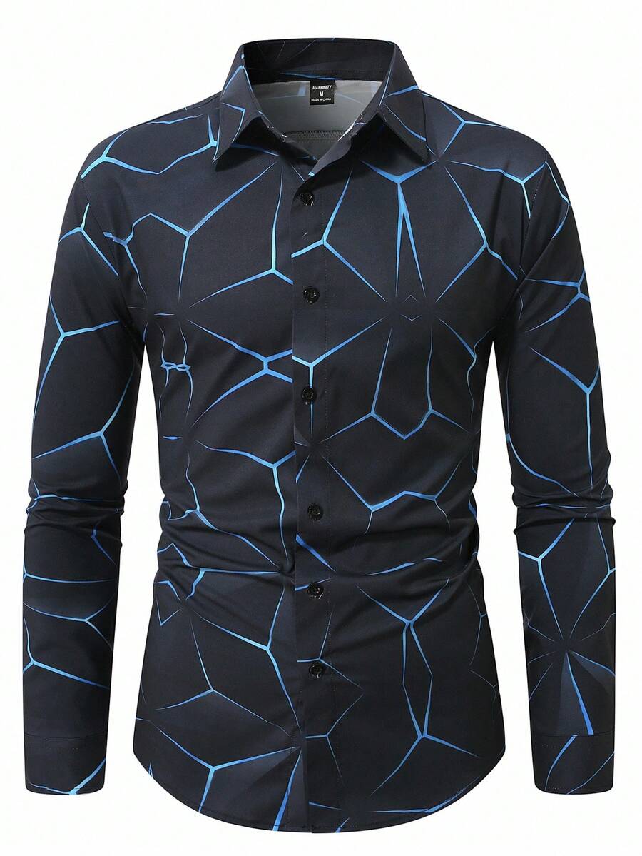 Manfinity Homme Heren Lente Geometrisch Print Casual Lange Mouw Overhemd Slim Fit Knoop Zwart Overhemd Voor Echtgenoot, Geometrische Print Heren, Heren Luxe Overhemd, Zwart Geometrisch Overhemd, Voor De Herfst