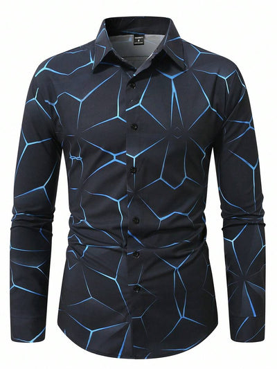Manfinity Homme Heren Lente Geometrisch Print Casual Lange Mouw Overhemd Slim Fit Knoop Zwart Overhemd Voor Echtgenoot, Geometrische Print Heren, Heren Luxe Overhemd, Zwart Geometrisch Overhemd, Voor De Herfst