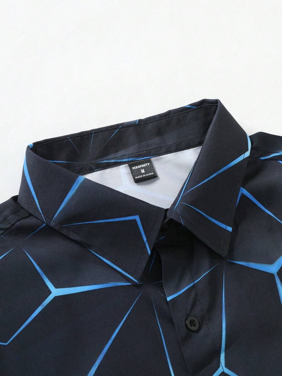 Manfinity Homme Heren Lente Geometrisch Print Casual Lange Mouw Overhemd Slim Fit Knoop Zwart Overhemd Voor Echtgenoot, Geometrische Print Heren, Heren Luxe Overhemd, Zwart Geometrisch Overhemd, Voor De Herfst