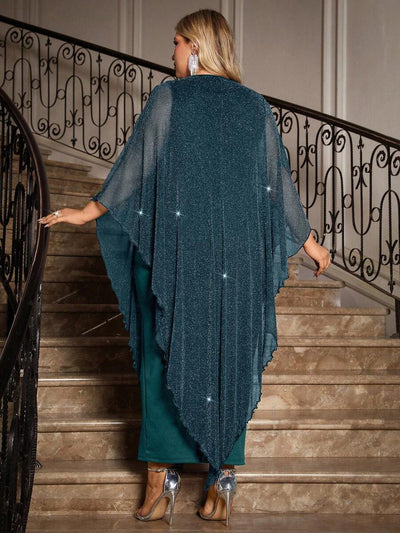 Gownix Plus Size Elegante Chiffon Jurk Lange Cape Overlay Bruiloftsgast Formele Cocktail Moeder Van Bruid Outfit