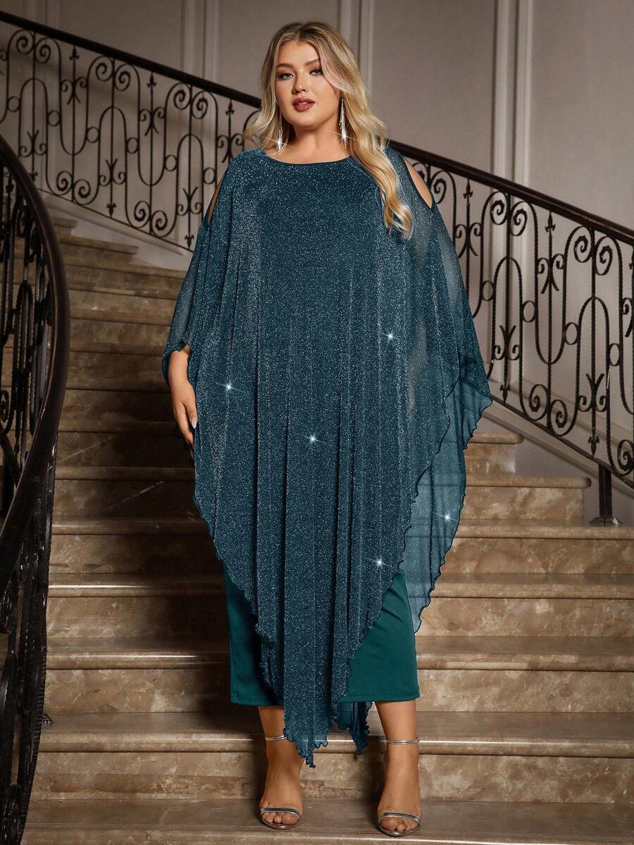 Gownix Plus Size Elegante Chiffon Jurk Lange Cape Overlay Bruiloftsgast Formele Cocktail Moeder Van Bruid Outfit