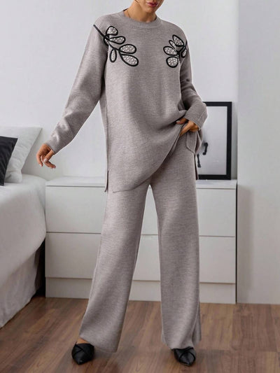 Dames effen kleur pareldetail ronde hals drop shoulder pullover & sweater broek set