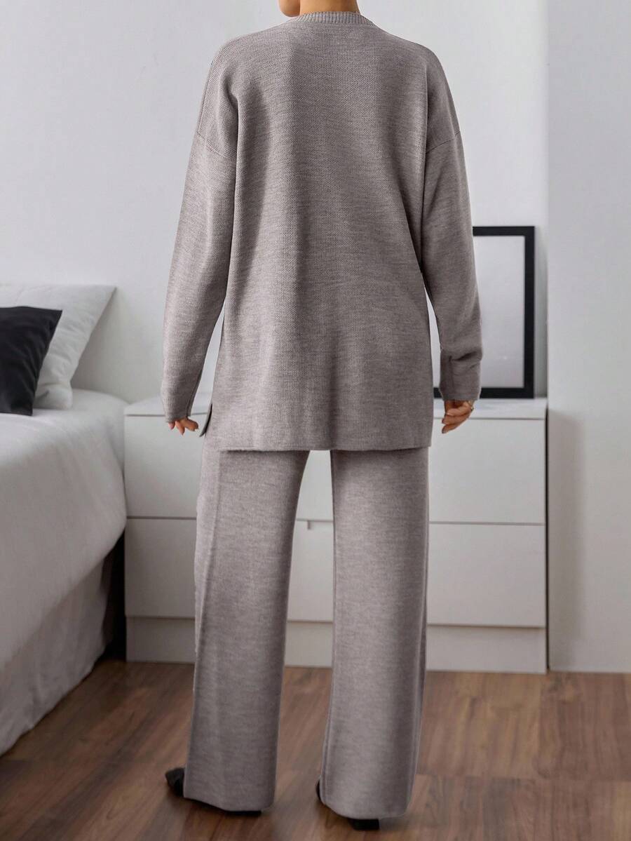 Dames effen kleur pareldetail ronde hals drop shoulder pullover & sweater broek set