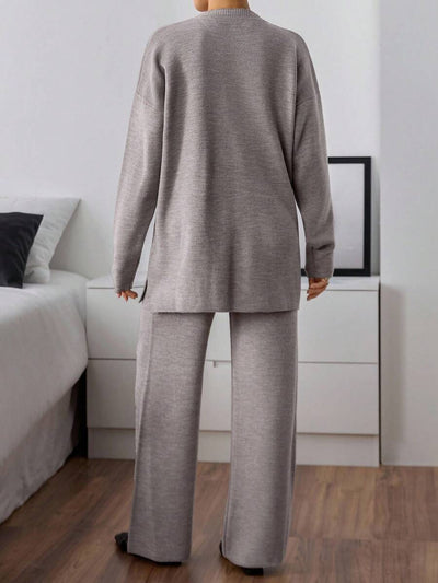 Dames effen kleur pareldetail ronde hals drop shoulder pullover & sweater broek set