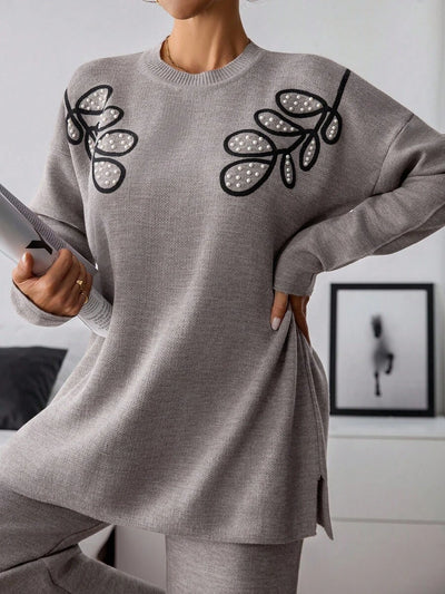 Dames effen kleur pareldetail ronde hals drop shoulder pullover & sweater broek set
