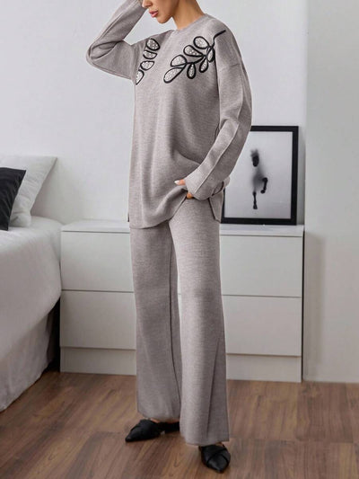 Dames effen kleur pareldetail ronde hals drop shoulder pullover & sweater broek set