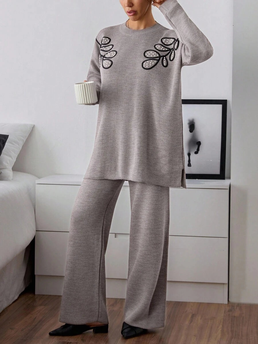 Dames effen kleur pareldetail ronde hals drop shoulder pullover & sweater broek set