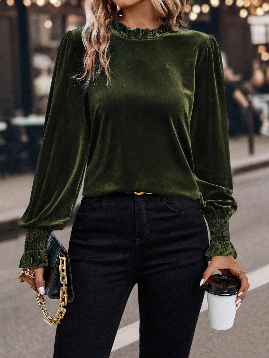 SHEIN Clasi Dames effen kleur ruche rand lange mouwen casual top, dagelijks gebruik