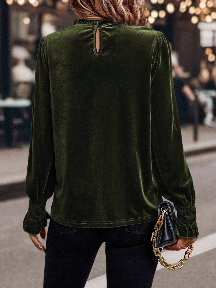 SHEIN Clasi Dames effen kleur ruche rand lange mouwen casual top, dagelijks gebruik