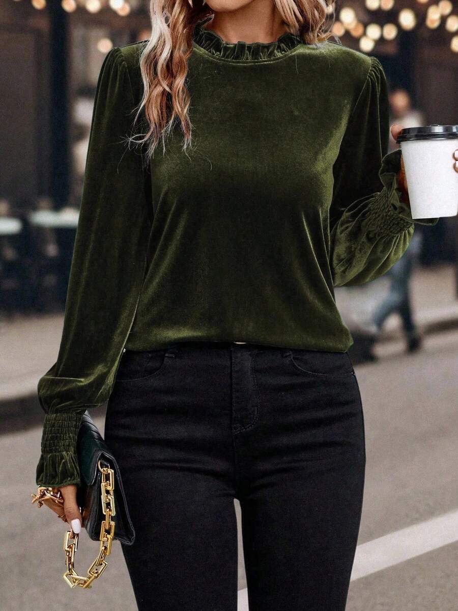SHEIN Clasi Dames effen kleur ruche rand lange mouwen casual top, dagelijks gebruik